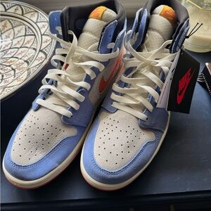 Nike Air Jordan 1 Mid Blue, Cream & Orange Swoosh - Men